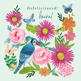 Verjaardagskaart lente bloemen met vlinders en vogel