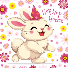 Verjaardagskaart lief konijntje met bloemen