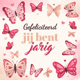 Verjaardagskaart liefdevol vlinders roze hartjes jarig