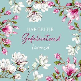 Verjaardagskaart magnoliatakken roze en wit