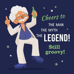 Verjaardagskaart man groovy cartoon disco forever young