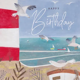 Verjaardagskaart man zee vuurtoren kust illustratie