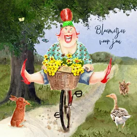 Verjaardagskaart mand met gele bloemen op de fiets