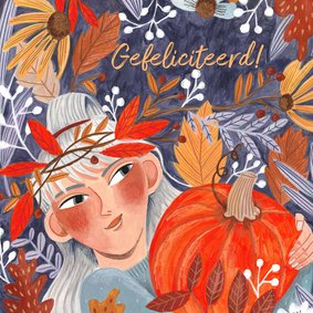 Verjaardagskaart meisje herfstbladeren
