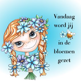 Verjaardagskaart meisje met heel veel bloemen