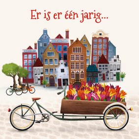 Verjaardagskaart met bakfiets en tulpen