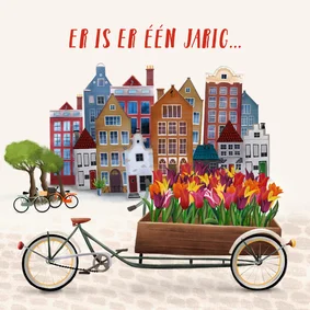 Verjaardagskaart met bakfiets en tulpen