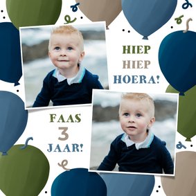 Verjaardagskaart met ballonnen stoere kleuren twee foto's