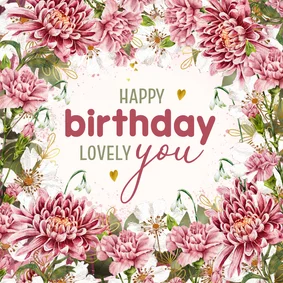 Verjaardagskaart met bloemen en hartjes van goud