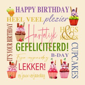 Verjaardagskaart met cupcakes en teksten in zoete kleuren