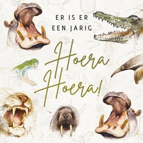 Verjaardagskaart met dieren die zingen hoera hoera