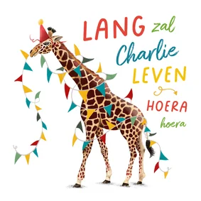 Verjaardagskaart met giraffe en slingers