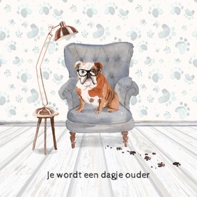 Verjaardagskaart met hond in leunstoel