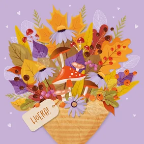 Verjaardagskaart met kleurrijk herfstboeket, label & hartjes