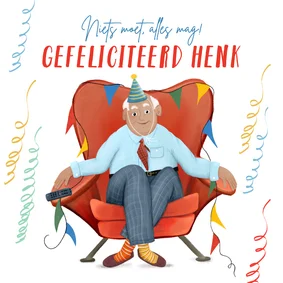 Verjaardagskaart met meneer in luie fauteuil