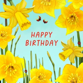 Verjaardagskaart met narcissen en lieveheersbeestjes