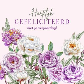 Verjaardagskaart met paarse en witte rozen
