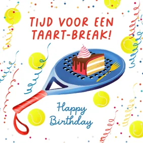 Verjaardagskaart met padelracket en taartje