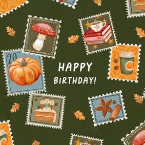 Verjaardagskaart met postzegels en herfst illustraties