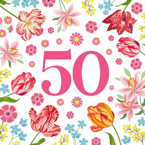 Verjaardagskaart met tulpen en kleurrijke bloemen