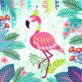 Verjaardagskaart met vrolijke flamingo, slingers en bloemen