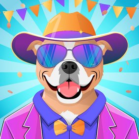 Verjaardagskaart met vrolijke party buldog stijlvol gekleed