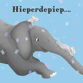 Verjaardagskaart olifant en glijdende muizen