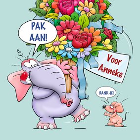 Verjaardagskaart olifant en hele grote bos bloemen