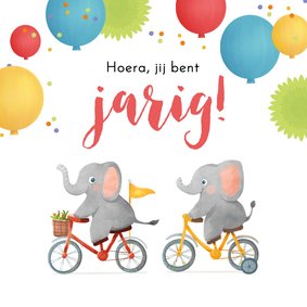 Verjaardagskaart olifant fiets ballonnen confetti kind