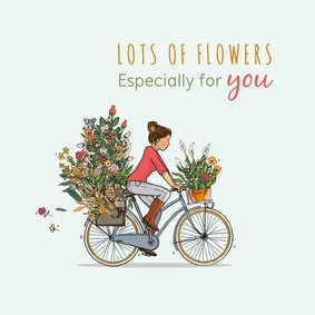 Verjaardagskaart op de fiets met veel bloemen