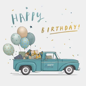 Verjaardagskaart oude pickup met ballonnen