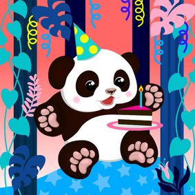 Verjaardagskaart panda met taart, slingers en planten