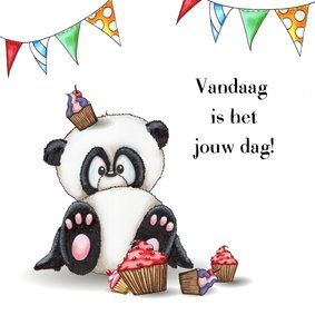 Verjaardagskaart panda met taartjes