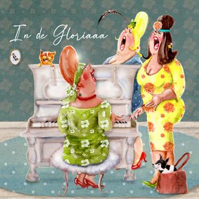 Verjaardagskaart piano drie zingende vrolijke dames