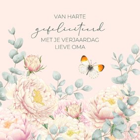 Verjaardagskaart pioenrozen en vlinders