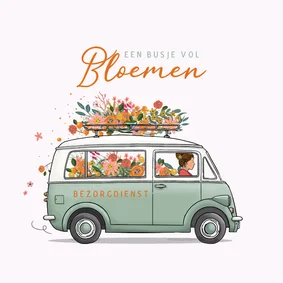 Verjaardagskaart retrobusje met bloemen