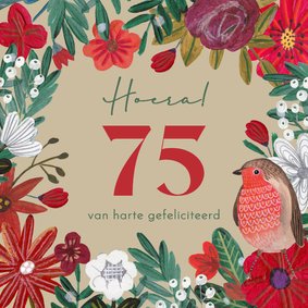 Verjaardagskaart rode bloemen met roodborstje