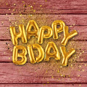 Verjaardagskaart roze hout gouden ballonnen confetti 