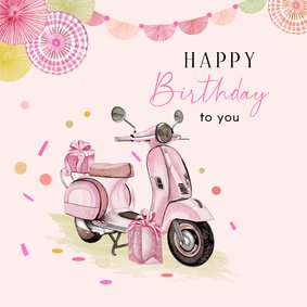 Verjaardagskaart roze scooter met ballonnen