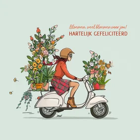 Verjaardagskaart scooter met bloemen vrouw