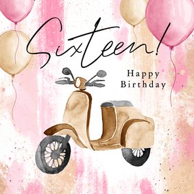 Verjaardagskaart sixteen 16 scooter kunst verf ballonnen