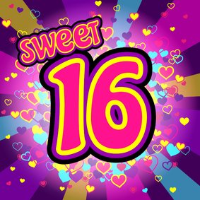 Verjaardagskaart sweet 16 vol kleur en hartjes