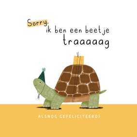 Verjaardagskaart te laat beetje traag schildpad feest geel