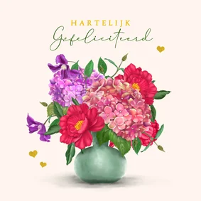 Verjaardagskaart vaas met bloemen rood-paars
