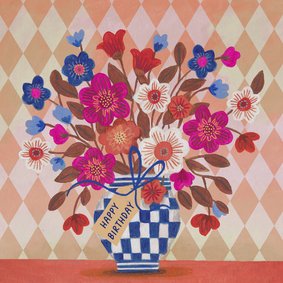 Verjaardagskaart vaas met bloemen ruit
