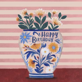  Verjaardagskaart vaas met bloemen streep