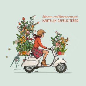 Verjaardagskaart Vespa met bloemen vrouw