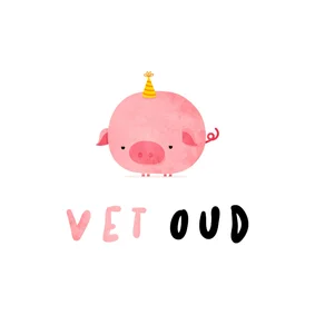 Verjaardagskaart vet oud met chagrijnig varken met feesthoed