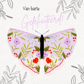 Verjaardagskaart vlinder lila groen bladeren bloemen vrouw