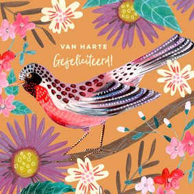 Verjaardagskaart vogel op tak en bloemen oranje